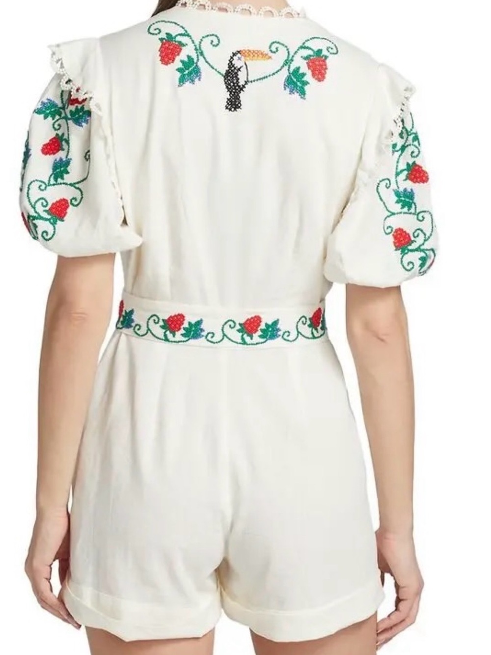 FARM Rio White Embroidered Puff-Sleeve Romper with Multicolor Floral Motif - Picture 3 of 3